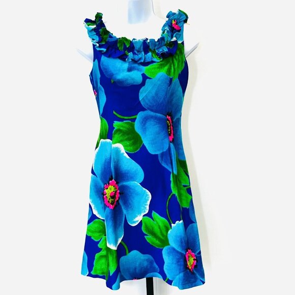 Vintage Andrade Resort Shops Floral Print Dress Size 6 Blue Ruffle Sleeveless - Picture 1 of 10